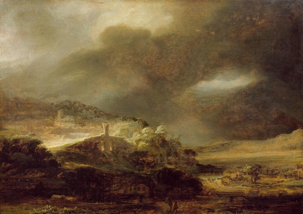 Rembrandt Harmenszoon van Rijn, Gewitterlandschaft mit Gebirgsstadt (Gebirge,Gewitter,Himmel (Natur),Landschaft,Meteorologie,Stadt,Wolke,Barock,Niederländische Kunst,Holländische Kunst)