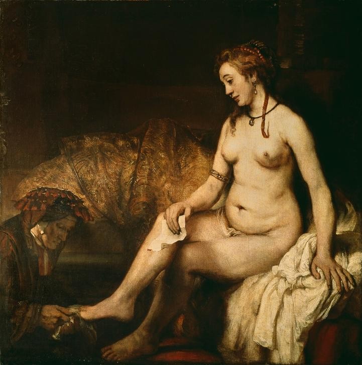 Rembrandt Harmenszoon van Rijn, Bathseba im Bade (Körperpflege,Bad,Brief,Erotik,Frau,Religion,Schönheit,Barock,Altes Testament,Akt,Bibel,Portrait,Moral,Nachdenken,Liebesbrief,David Und Bathseba,Helldunkel,Niederländische Kunst,Holländische Kunst,Sexualität,Dienerin,Sitzen,Junge Frau,Fusspflege,Ganzfiguri)