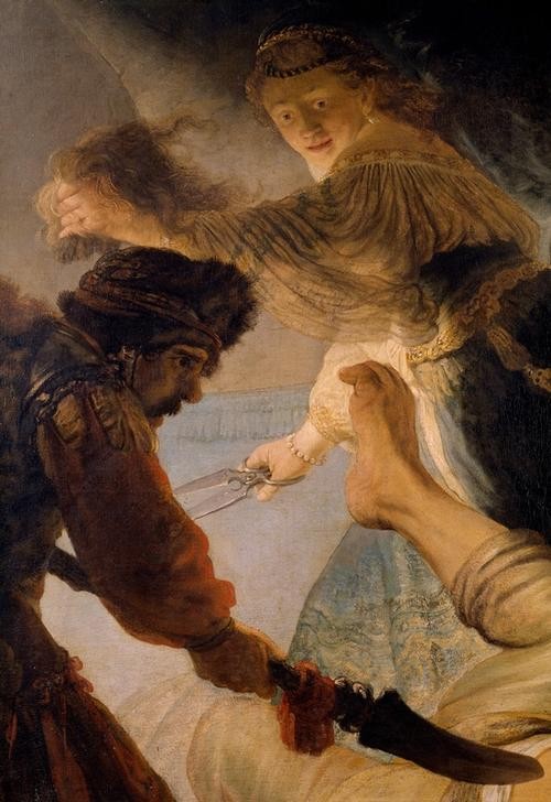 Rembrandt Harmenszoon van Rijn, Die Blendung Simsons (Kraftmensch,Kunst,Samson Und Delilah,Soldat,Barock,Altes Testament,Grausamkeit,Bibel,Philister,Helldunkel,Niederländische Kunst,Blendung,Holländische Kunst,Schere,Augenausstechen,Liebeslist,List,Haare Schneiden,Kris,Jüdisch-Christlich,Ausschnitt)
