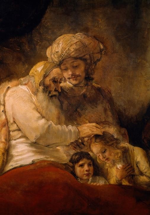 Rembrandt Harmenszoon van Rijn, Jakobs Segen (Grossvater,Kunst,Alter,Barock,Altes Testament,Segen,Bibel,Enkelkind,Helldunkel,Niederländische Kunst,Holländische Kunst,Sohn,Schwiegertochter,Alter Mann,Weisheit,Jakob Segnet Ephraim Und Manasse,Handauflegen,Ehrfurcht,Jüdisch-Christlich,Krankenlager,Aussc)