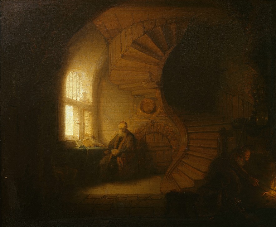Rembrandt Harmenszoon van Rijn, Gelehrter im Raum mit Wendeltreppe (Architektur,Dienstboten,Feuer,Gelehrter,Heizung,Philosoph,Treppenhaus,Innenarchitektur,Treppe,Alter,Barock,Philosophie,Nachdenken,Interieur,Inspiration,Helldunkel,Niederländische Kunst,Holländische Kunst,Wendeltreppe,Magd,Meditation,Inneneinrichtung)