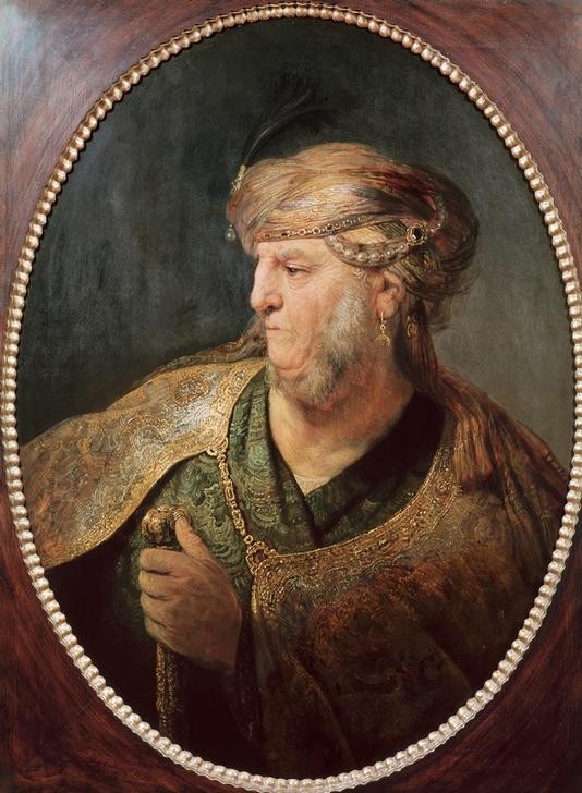 Rembrandt Harmenszoon van Rijn, Brustbild eines Mannes in orientalischem Kostüm (Mann,Völkerkunde,Barock,Turban,Orientalismus,Kostüm (Verkleidung),Portrait,Niederländische Kunst,Backenbart,Holländische Kunst,Profil,Brustbild,Oval,Islamische Länder,Islamische Welt)