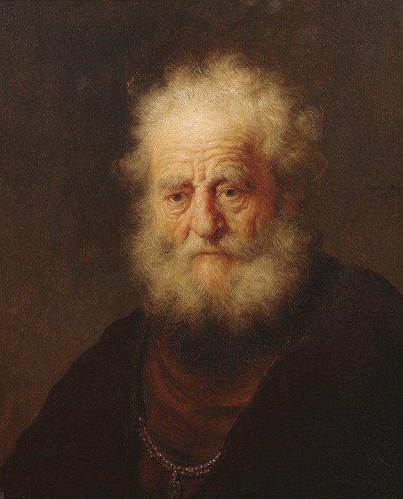 Rembrandt Harmenszoon van Rijn, Brustbild eines alten Mannes mit goldener Kette (Kunst,Mann,Mensch,Bart,Barock,Portrait,Greis,Halskette,Helldunkel,Niederländische Kunst,Holländische Kunst,Vollbart,Alter Mann,Weisse Haare,Altershaut,Brustbild,Falten (Physiognomie))