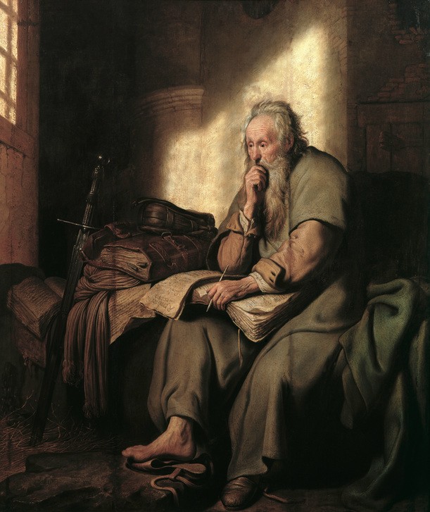 Rembrandt Harmenszoon van Rijn, Paulus im Gefängnis (Christentum,Gelehrter,Gefängnis,Kunst,Religion,Schreiber,Schwert,Gefangener,Neues Testament,Bibel,Nachdenken,Apostelgeschichte,Niederländische Kunst,Holländische Kunst,Schreiben,Alter Mann,Protestantismus,Folgen Der Reformation)
