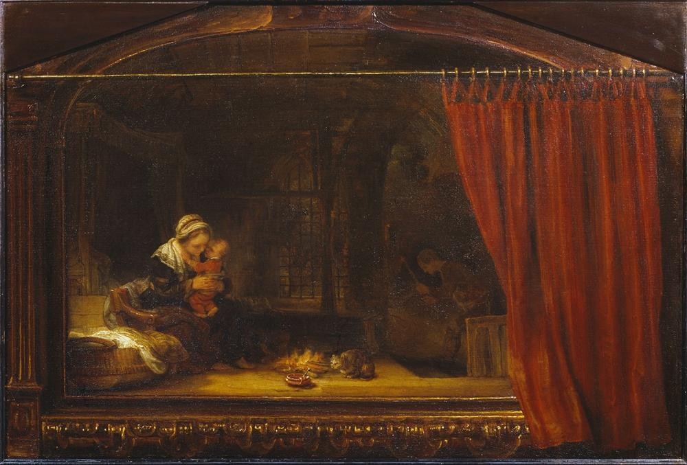Rembrandt Harmenszoon van Rijn, Die heilige Familie mit dem Vorhang (Christentum,Kunst,Mutter Und Kind,Religion,Barock,Heilige Familie,Neues Testament,Bibel,Wiege,Trompe L'oeil,Niederländische Kunst,Holländische Kunst,Vorhang,Kindheit Jesu)