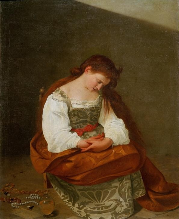 Caravaggio, Die büßende Magdalena (Frau, Christin, Buße, Schmuck, Halsketten, Perlen, Trauer, Christentum,  Religion, Neues Testament, Bibel, Hell-Dunkel, Barock, Klassiker, Malerei, Wunschgröße, Wohnzimmer)