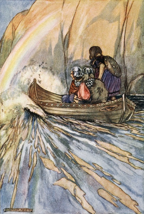 Stephen Reid, Bear us swiftly, Boat of Mananan, to the Garden of Hesperides (Boot,Geographie,Mann,Mythologie,Transport,Wasser,Fluss,Legende,Reise,Farbe)