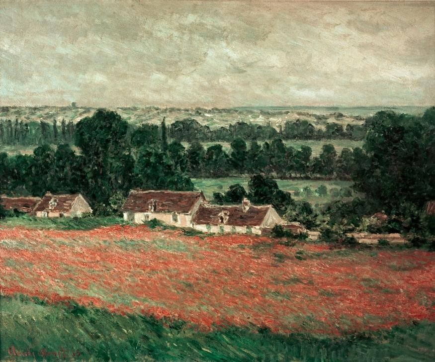 Claude Monet, Champ des coquelicots près de Vétheuil (Landschaft, Mohn, Wiese, Feld, Feldblume, Blume,Dorf, Horizont, Französische Kunst, Impressionismus, Wunschgröße, Wohnzimmer, Klassiker, Malerei,)