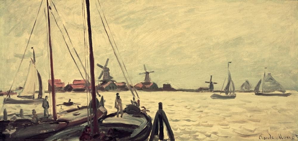 Claude Monet, Les bords de la Zaan (Hafen, Segelschiff, Windmühlen, Segelboote, Schifffahrt, Idylle, Holland, Französische Kunst, Impressionismus, Wunschgröße, Wohnzimmer, Klassiker, Malerei,)