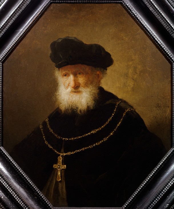 Rembrandt Harmenszoon van Rijn, Büste eines Greises mit Brustkreuz (Kopfbedeckung,Kreuz,Kunst,Mann,Mensch,Schmuck,Alter,Bart,Barock,Portrait,Greis,Halskette,Niederländische Kunst,Barett,Holländische Kunst,Vollbart,Alter Mann,Weisse Haare,Brustbild)