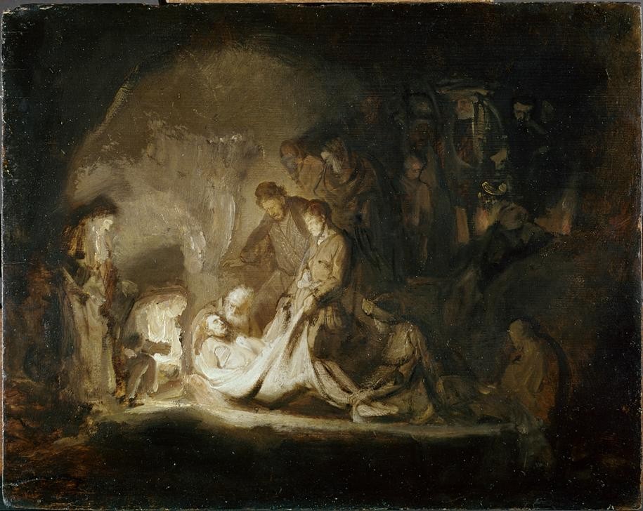 Rembrandt Harmenszoon van Rijn, Die Grablegung Christi (Begräbnis,Christentum,Kunst,Leiche,Religion,Tod,Nacht,Barock,Neues Testament,Bibel,Grablegung Christi,Helldunkel,Niederländische Kunst,Holländische Kunst,Passion Christi,Felsgrab)