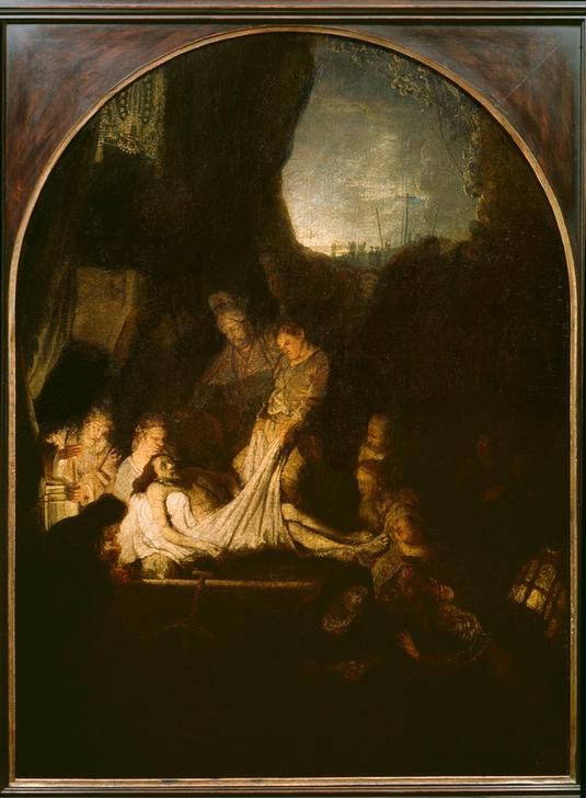 Rembrandt Harmenszoon van Rijn, Die Grablegung Christi (Begräbnis,Christentum,Kunst,Leiche,Religion,Barock,Neues Testament,Bibel,Grablegung Christi,Helldunkel,Niederländische Kunst,Holländische Kunst,Passion Christi,Felsgrab)