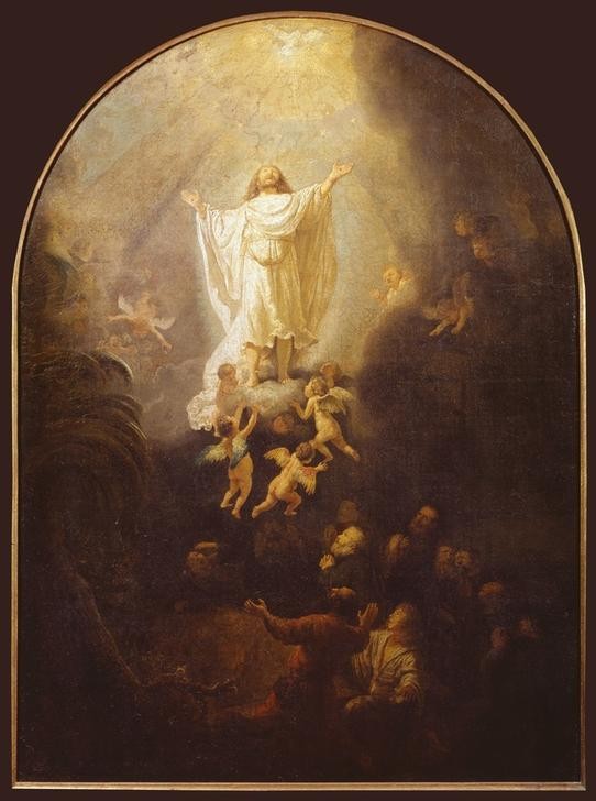 Rembrandt Harmenszoon van Rijn, Die Himmelfahrt Christi (Christentum,Engel,Kunst,Religion,Barock,Neues Testament,Bibel,Apostel,Putto,Jünger,Christi Himmelfahrt,Niederländische Kunst,Holländische Kunst,Passion Christi,Schweben)