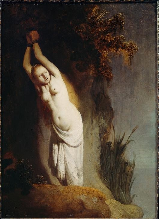 Rembrandt Harmenszoon van Rijn, Andromeda, an einen Felsen gekettet (Frau,Kunst,Mythologie,Barock,Akt,Niederländische Kunst,Holländische Kunst,Halbakt,Fesselung,Gefangene,Griechisch-Römische Mythologie)