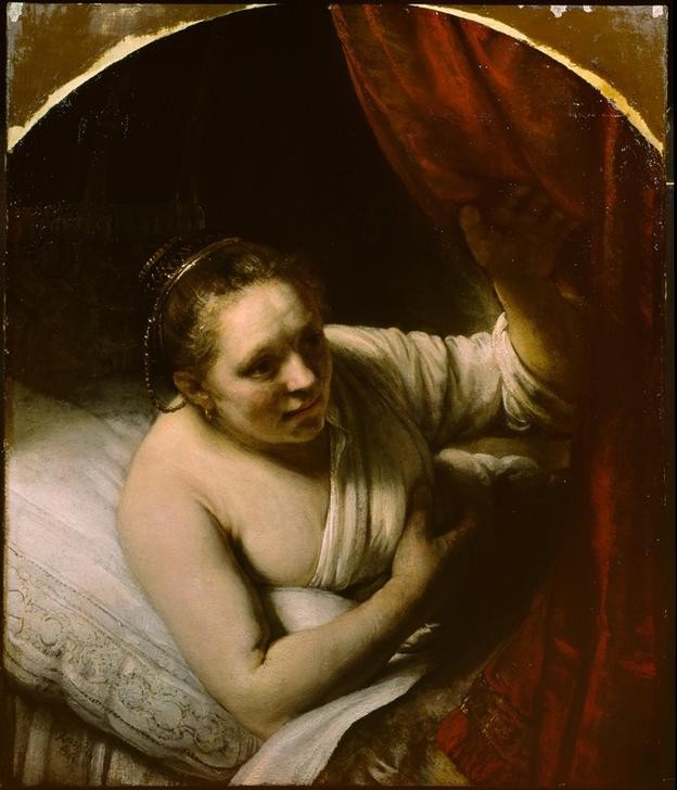 Rembrandt Harmenszoon van Rijn, Junge Frau im Bett (Bett,Erotik,Frau,Kunst,Barock,Portrait,Kissen,Künstlerfrau,Niederländische Kunst,Erotische Kunst,Holländische Kunst,Vorhang,Halbakt,Erwartung,Warten,Verführerisch,Kopfkissen)