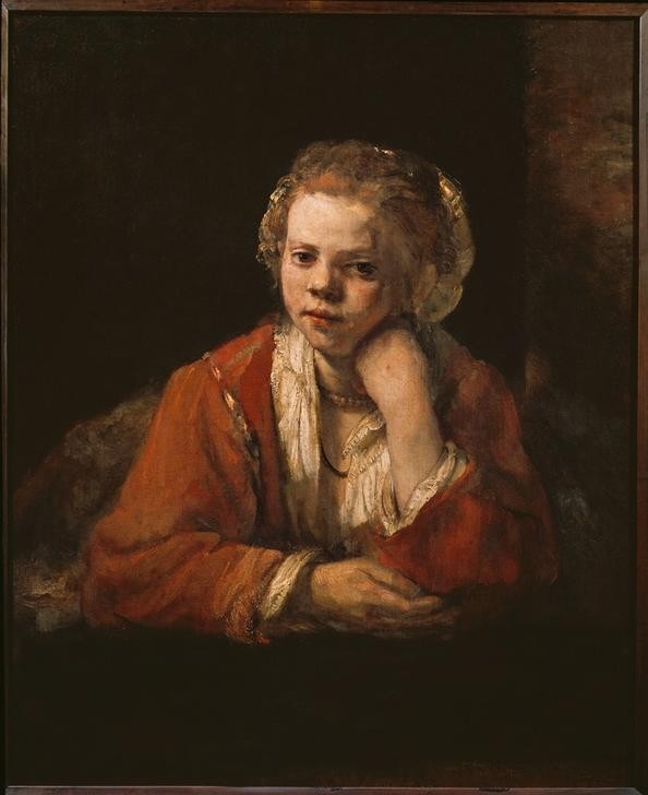 Rembrandt Harmenszoon van Rijn, Mädchen am Fenster (Fenster,Kind,Kunst,Mädchen,Mensch,Schönheit,Barock,Portrait,Nachdenken,Trompe L'oeil,Blick Aus Dem Fenster,Niederländische Kunst,Holländische Kunst,Verträumt,Blick Aus Dem Bild,Kopf Stützen,Brustbild)