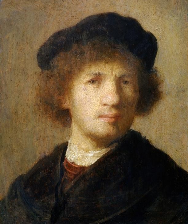 Rembrandt Harmenszoon van Rijn, Selbstbildnis (Kopfbedeckung,Künstler,Kunst,Maler (Künstler),Mann,Barock,Selbstbildnis,Portrait,Niederländische Kunst,Barett,Holländische Kunst,Brustbild,Person,Junger Mann)