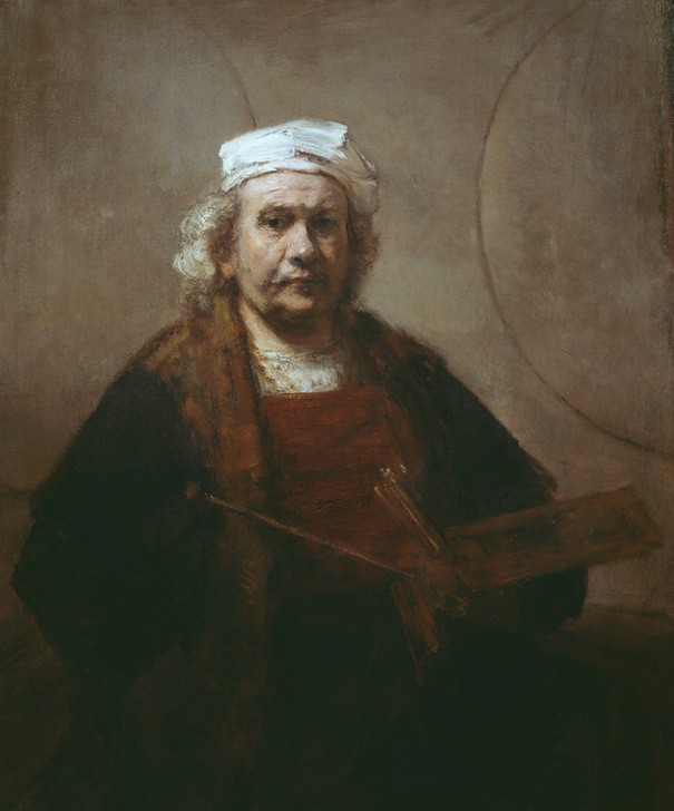 Rembrandt Harmenszoon van Rijn, Rembrandt, Selbstbildnis mit Palette (Künstler,Kunst,Maler (Künstler),Mann,Barock,Selbstbildnis,Portrait,Palette,Niederländische Kunst,Holländische Kunst,Halbfigur,Person,Mütze)