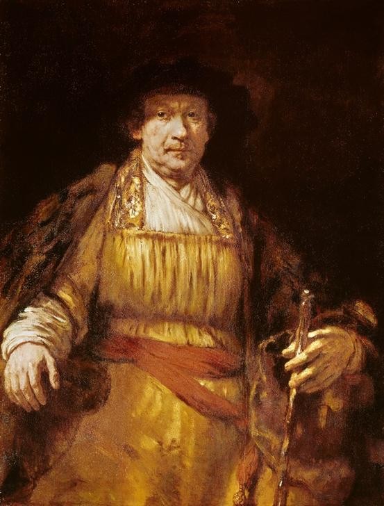 Rembrandt Harmenszoon van Rijn, Selbstbildnis (Herrenmode,Künstler,Kunst,Maler (Künstler),Mann,Mode,Rollenbild,Barock,Selbstbildnis,Kostüm (Verkleidung),Portrait,Niederländische Kunst,Holländische Kunst,Portrait Historie,Kniestück,Person)