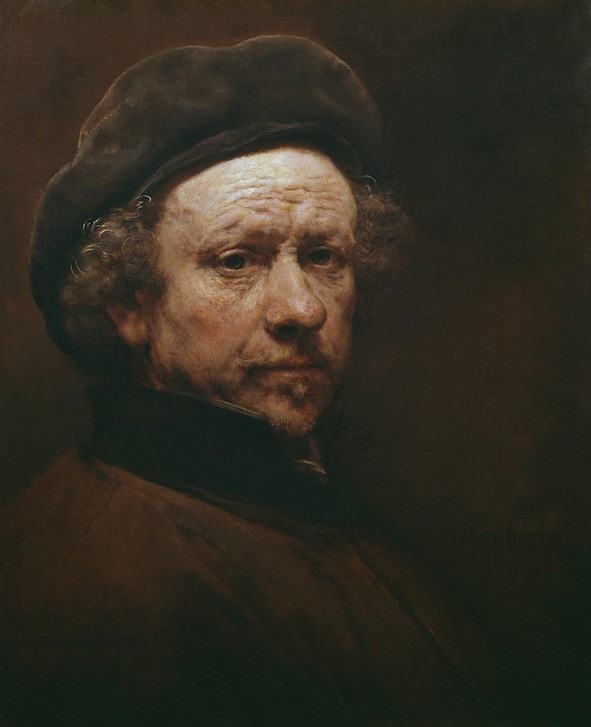 Rembrandt Harmenszoon van Rijn, Selbstbildnis (Kopfbedeckung,Künstler,Kunst,Maler (Künstler),Mann,Barock,Selbstbildnis,Portrait,Niederländische Kunst,Barett,Holländische Kunst,Brustbild,Knollennase,Person)