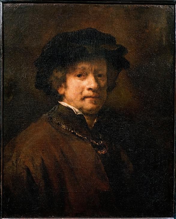 Rembrandt Harmenszoon van Rijn, Selbstbildnis mit Barett und goldener Kette (Künstler,Kunst,Maler (Künstler),Mann,Barock,Selbstbildnis,Portrait,Halskette,Niederländische Kunst,Barett,Holländische Kunst,Brustbild,Person)