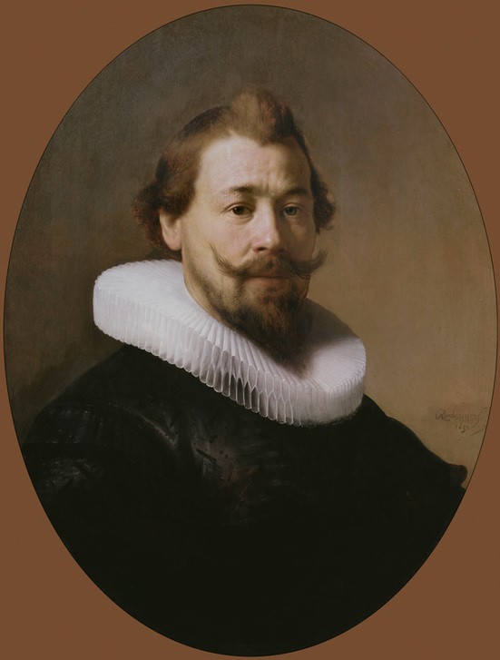 Rembrandt Harmenszoon van Rijn, Bildnis eines Herrn mit Spitzbart (Kunst,Mann,Mensch,Bart,Barock,Portrait,Niederländische Kunst,Holländische Kunst,Spitzbart,Kragen,Zwirbelbart,Brustbild,Oval,Radkragen)