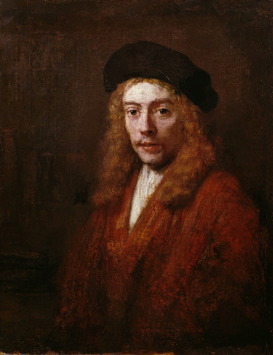 Rembrandt Harmenszoon van Rijn, Bildnis eines jungen Mannes (Kopfbedeckung,Kunst,Mann,Mensch,Barock,Portrait,Niederländische Kunst,Barett,Holländische Kunst,Langes Haar,Brustbild,Junger Mann)