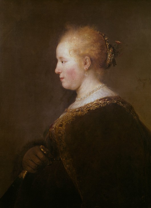 Rembrandt Harmenszoon van Rijn, Profilbildnis einer jungen Frau mit Fächer (Fächer,Frau,Kunst,Mensch,Barock,Portrait,Niederländische Kunst,Holländische Kunst,Profil,Junge Frau,Brustbild)