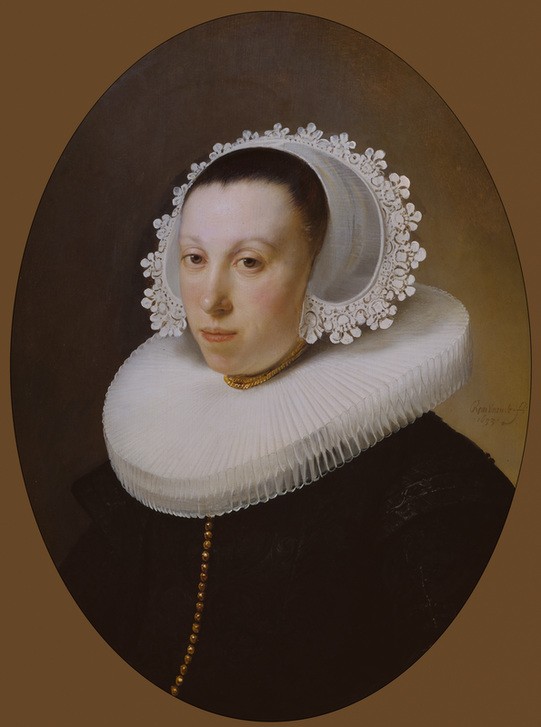 Rembrandt Harmenszoon van Rijn, Bildnis einer Dame (Ehefrau,Frau,Kopfbedeckung,Kunst,Mensch,Barock,Portrait,Niederländische Kunst,Holländische Kunst,Kragen,Brustbild,Oval,Spitzenhaube,Radkragen)