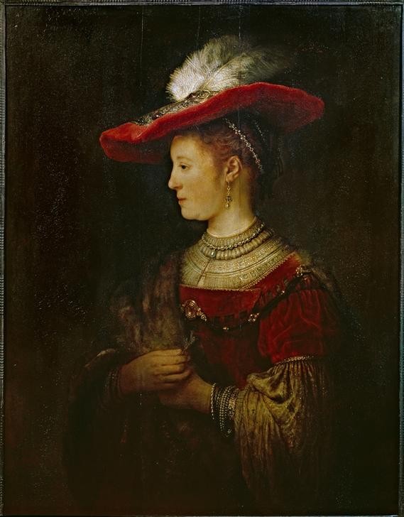 Rembrandt Harmenszoon van Rijn, Saskia van Uylenburgh im Profil, in reichem Kostüm (Ehefrau,Damenhut,Damenmode,Frau,Kunst,Maler (Künstler),Mode,Barock,Ehefrau Von Berühmten,Portrait,Künstlerfrau,Niederländische Kunst,Holländische Kunst,Profil,Ohrgehänge,Hutfeder)