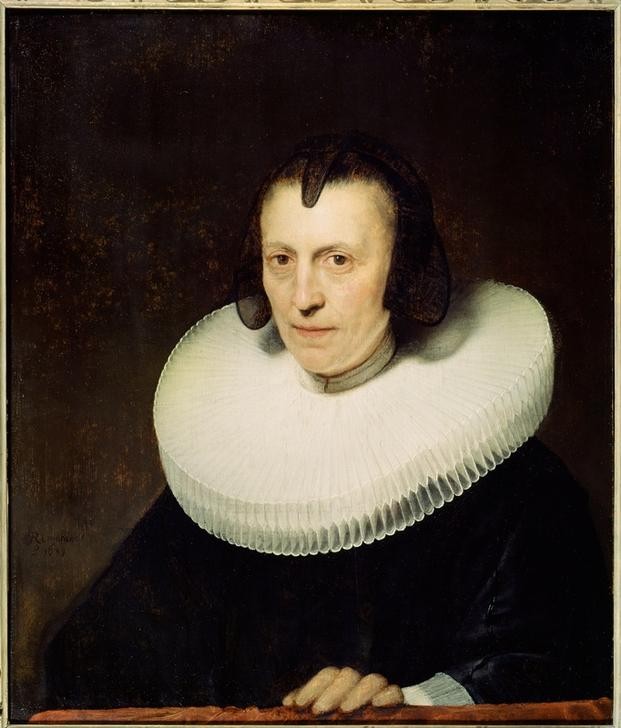 Rembrandt Harmenszoon van Rijn, Bildnis der Aletta Adriaensdr. (Damenmode,Frau,Kopfbedeckung,Kunst,Mensch,Mode,Witwe,Barock,Portrait,Bürgertum,Haube,Niederländische Kunst,Holländische Kunst,Kragen,Alte Frau,Brustbild,Radkragen)