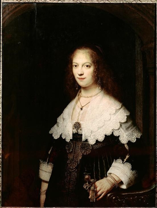 Rembrandt Harmenszoon van Rijn, Bildnis der Maria Trip (?) (Damenmode,Frau,Kunst,Mensch,Mode,Schmuck,Barock,Portrait,Halskette,Bürgertum,Niederländische Kunst,Holländische Kunst,Spitzenkragen,Ohrgehänge,Kragen,Junge Frau,Halbfigur,Manschette)