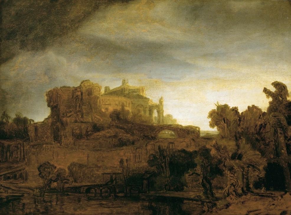 Rembrandt Harmenszoon van Rijn, Landschaft mit Schloß in der Dämmerung (Kunst,Schloss,Tageszeiten,Abend,Barock,Niederländische Kunst,Holländische Kunst,Dämmerung)
