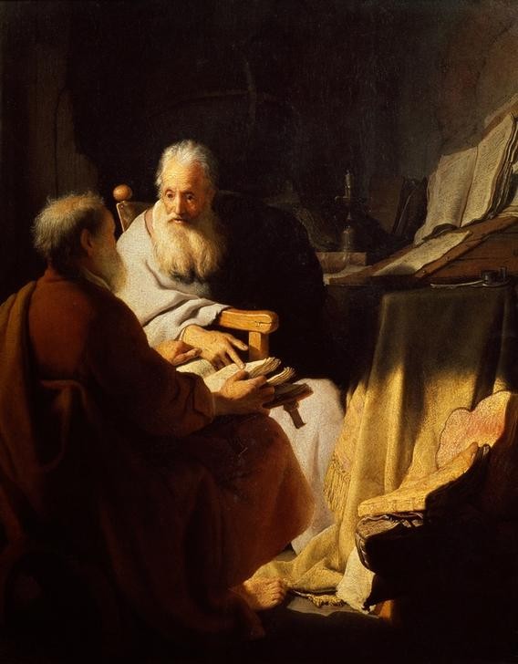 Rembrandt Harmenszoon van Rijn, Zwei alte Männer im Gespräch (Arbeitszimmer,Buch,Gelehrter,Gesellschaftliches Leben,Gesellschaft,Kunst,Licht Und Beleuchtung,Mann,Wohnung,Alter,Bart,Barock,Greis,Gestik,Helldunkel,Diskussion,Niederländische Kunst,Holländische Kunst,Vollbart,Sonnenlicht,Alter Mann,Weisse Haare,Haarfarb)