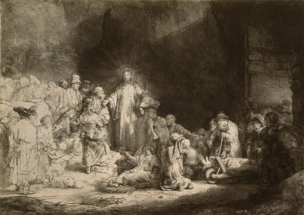 Rembrandt Harmenszoon van Rijn, Christus heilt die Kranken (Christentum,Krankheit,Medizin,Religion,Barock,Neues Testament,Bibel,Wunder,Niederländische Kunst,Lahme,Holländische Kunst,Wunderheilung)