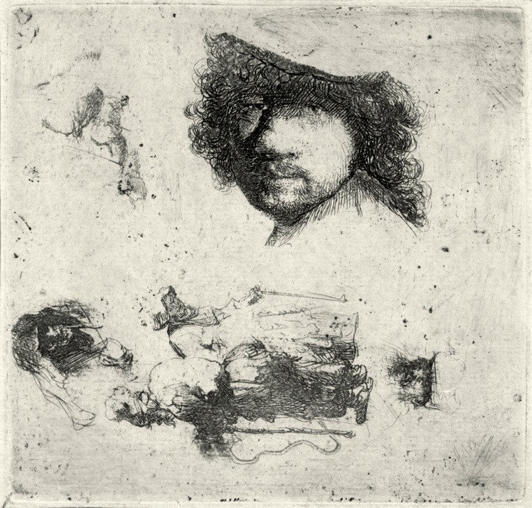 Rembrandt Harmenszoon van Rijn, Studienblatt mit Selbstbildnis und Bettlern (Gesellschaft,Künstler,Maler (Künstler),Soziales,Barock,Selbstbildnis,Studie,Niederländische Kunst,Bettler,Holländische Kunst,Kopf,Person)