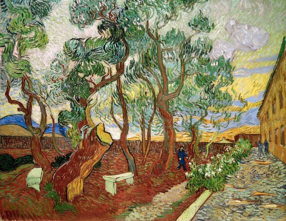 Vincent van Gogh, Garten des Hospitals Saint-Paul (Asyl,Garten Und Park,Krankenhaus,Krankheit,Kunst,Landschaft,Medizin,Park,Bank (Sitzgelegenheit),Impressionismus,Anstalt,Baum,Wahnsinn,Architekturdarstellung,Niederländische Kunst,Geisteskrankheit,Holländische Kunst,Pinie,Nervenheilanstalt,Postimpressionis)