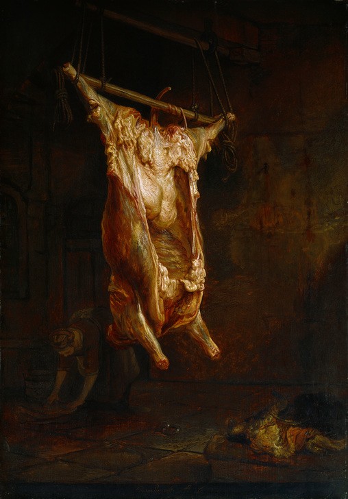 Rembrandt Harmenszoon van Rijn, Geschlachteter Ochse (Fleischer,Kunst,Barock,Nahrungsmittel,Fleisch,Niederländische Kunst,Holländische Kunst,Fleischerei,Hausschlachtung,Ochse,Handwerk)