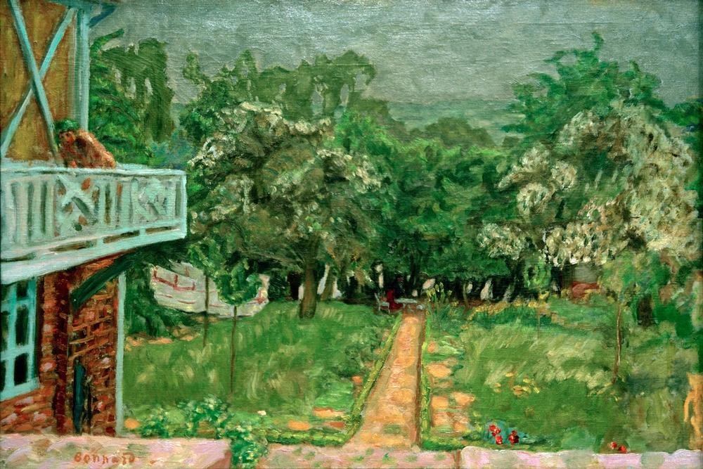 Pierre Bonnard, Blauer Balkon (Balkon,Garten Und Park,Haus,Landhaus,Landschaft,Wohnhaus (Allgemein),Impressionismus,Hausgarten,Künstlerhaus (Wohnhaus),Französische Kunst,Garten)