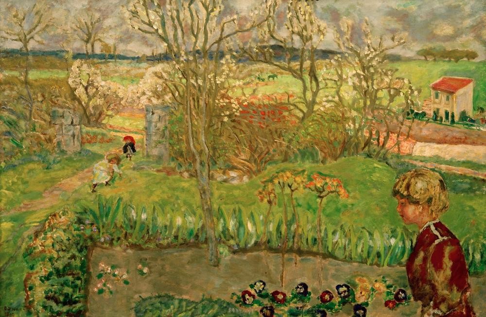Pierre Bonnard, Vorfrühling (Les Pensées) (Baumblüte,Garten Und Park,Jahreszeiten,Kind,Landschaft,Mädchen,Menschen Im Park,Impressionismus,Frühling,Französische Kunst,Im Freien (Allgemein),Menschen Im Garten,Stiefmütterchen,Kinderleben,Vorfrühling,Blumenbeet,Beet,Garten)