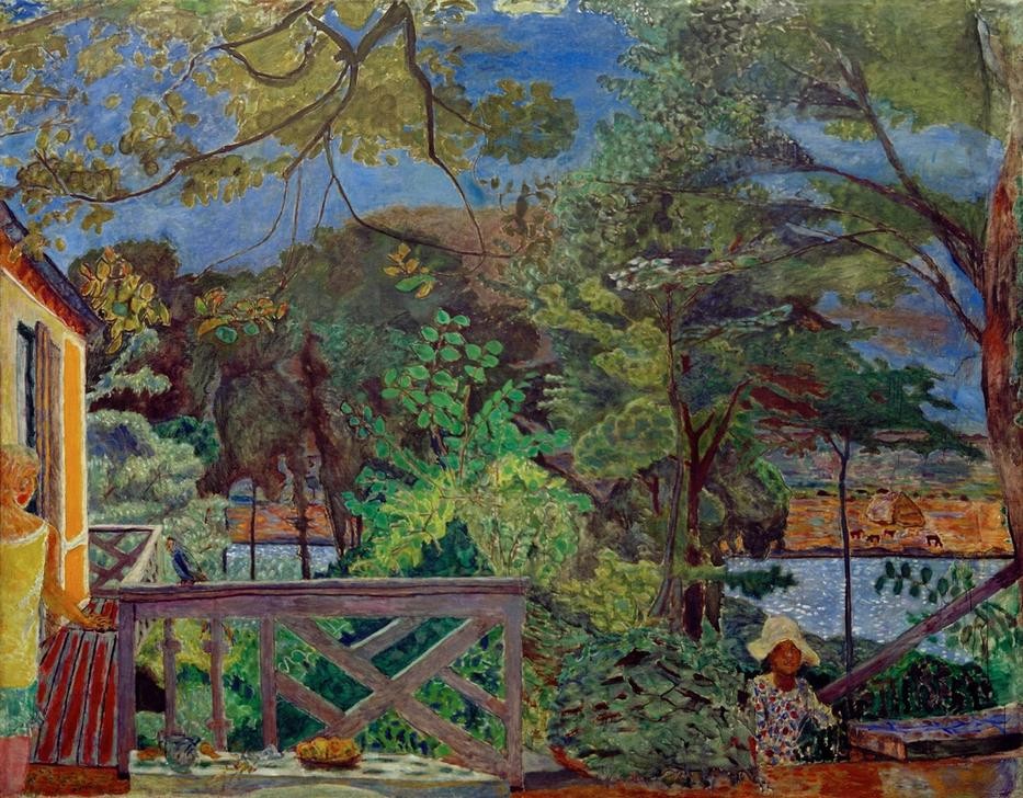 Pierre Bonnard, Die Terrasse in Vernon (Frau,Garten Und Park,Kunst,Landhaus,Landschaft,Mädchen,Menschen Im Park,Terrasse,Künstlerhaus (Wohnhaus),Französische Kunst,Menschen Im Garten,Nabis,Garten)