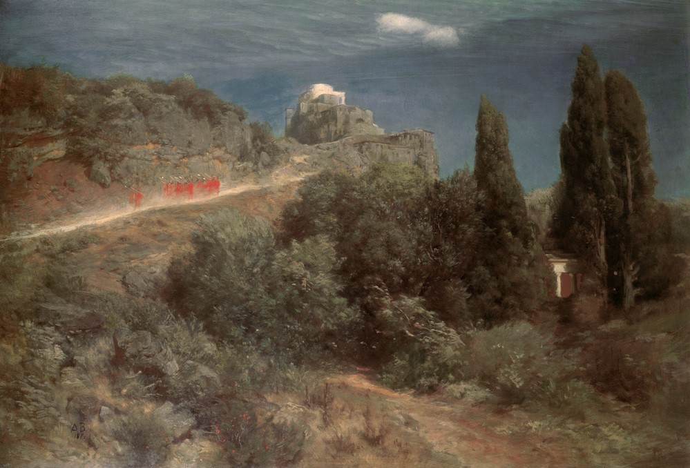 Arnold Böcklin, Bergschloss mit Kriegerzug (Burg (Bauwerk),Deutsche Kunst,Kunst,Landschaft,Reiterzug,Schweizerische Kunst,Zypresse,Deutschrömer)