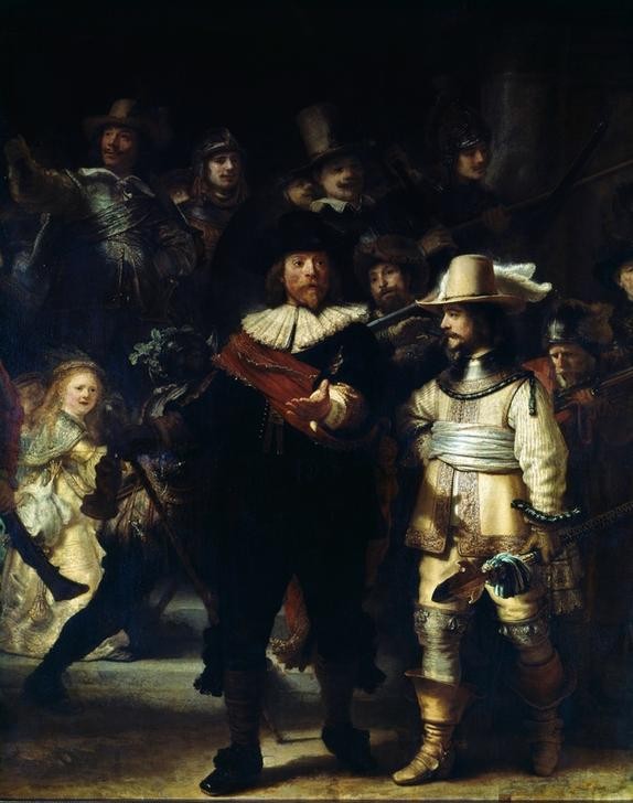 Rembrandt Harmenszoon van Rijn, Die Nachtwache (Geschichte,Gruppenbild,Kunst,Mann,Militär,Mode,Barock,Hauptmann,Lanze,Stulpenstiefel,Niederländische Kunst,Holländische Kunst,Berühmte Kunstwerke,Leutnant,Bürgerwehr,Nachtwache,Ausschnitt)