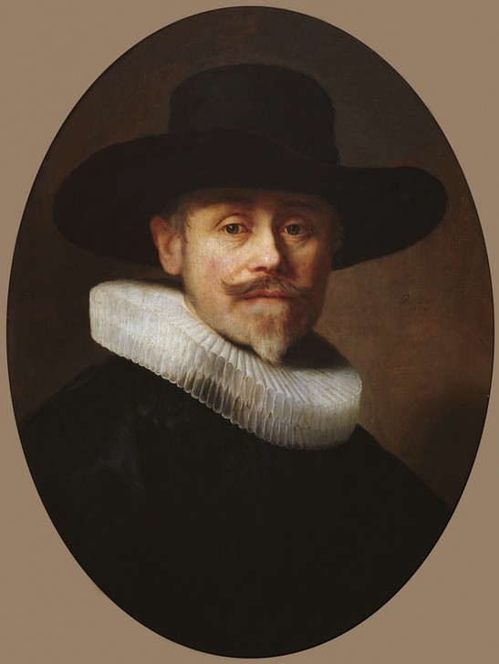 Rembrandt Harmenszoon van Rijn, Bildnis des Kaufmanns Albert Cuyper (1585–1637) im Alter vo (Herrenhut,Herrenmode,Kopfbedeckung,Kunst,Mann,Mensch,Bart,Hut,Barock,Portrait,Halskrause,Niederländische Kunst,Holländische Kunst,Spitzbart,Kragen,Brustbild,Oval)