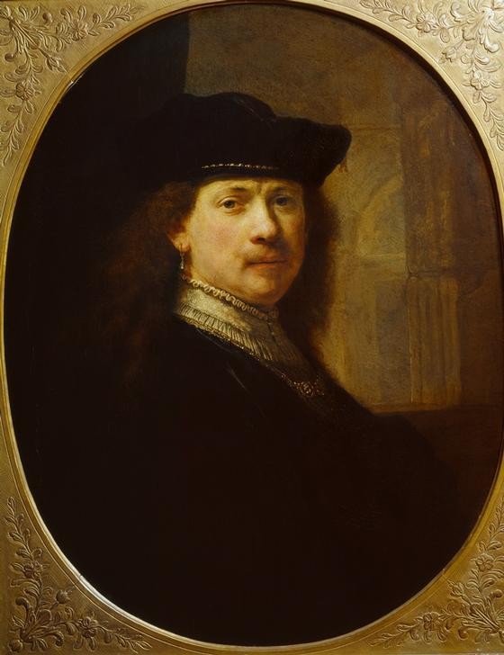 Rembrandt Harmenszoon van Rijn, Bildnis Rembrandts (Künstler,Kunst,Maler (Künstler),Mann,Ohrring,Männerschmuck,Barock,Portrait,Rembrandtschule,Niederländische Kunst,Barett,Holländische Kunst,Brustbild,Oval,Person)