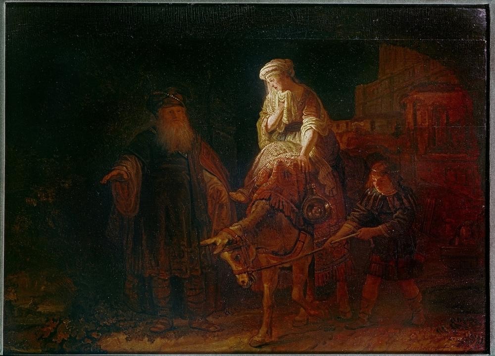 Rembrandt Harmenszoon van Rijn, Die Verstoßung der Hagar (Kunst,Barock,Altes Testament,Esel,Bibel,Helldunkel,Niederländische Kunst,Holländische Kunst,Reiterin,Reiten,Hagar Und Ismael,Verstossung Der Hagar,Verstossung)
