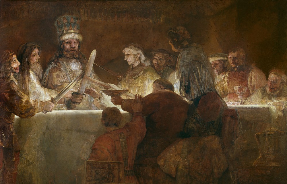 Rembrandt Harmenszoon van Rijn, Die Verschwörung des Claudius Civilis (Germanen,Geschichte,Kunst,Szene,Barock,Aufstand,Portrait,Verschwörung,Helldunkel,Niederländische Kunst,Holländische Kunst,Römisches Reich,Bataver,Bataveraufstand,Person,Gastmahl,Schwur)