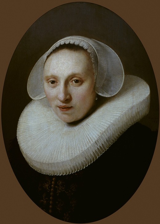 Rembrandt Harmenszoon van Rijn, Bildnis der Neeltgen Cornelia Pronck, Ehefrau des Kaufmanns (Ehefrau,Frau,Kopfbedeckung,Kunst,Mensch,Barock,Portrait,Haube,Niederländische Kunst,Holländische Kunst,Brustbild,Oval,Radkragen)