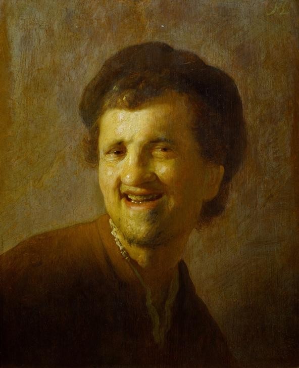 Rembrandt Harmenszoon van Rijn, Selbstbildnis (Künstler,Kunst,Maler (Künstler),Barock,Selbstbildnis,Lachen,Portrait,Niederländische Kunst,Holländische Kunst,Mimik,Offener Mund,Gute Laune,Person)