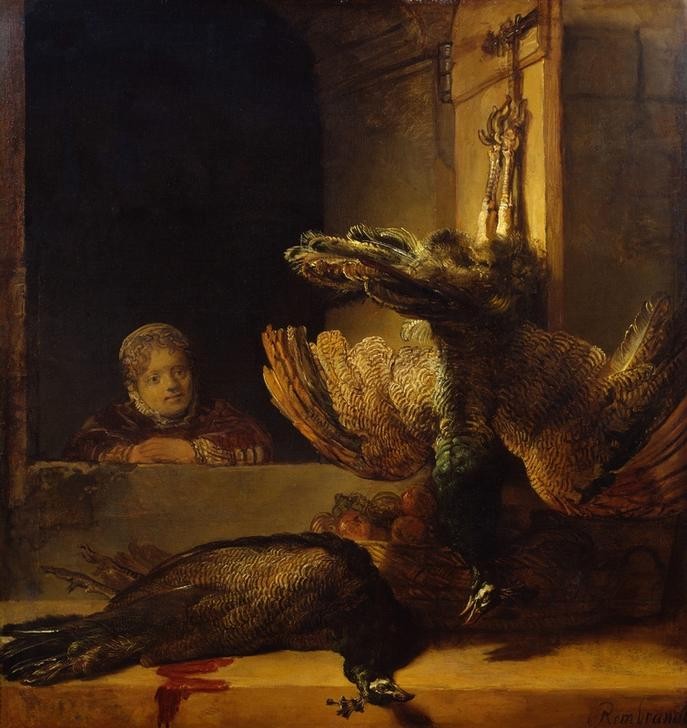 Rembrandt Harmenszoon van Rijn, Stillleben mit zwei toten Pfauen und einem Mädchen (Kind,Kunst,Mädchen,Vogel,Barock,Pfau,Stillleben,Geflügel,Niederländische Kunst,Holländische Kunst,Tier,Kadaver)